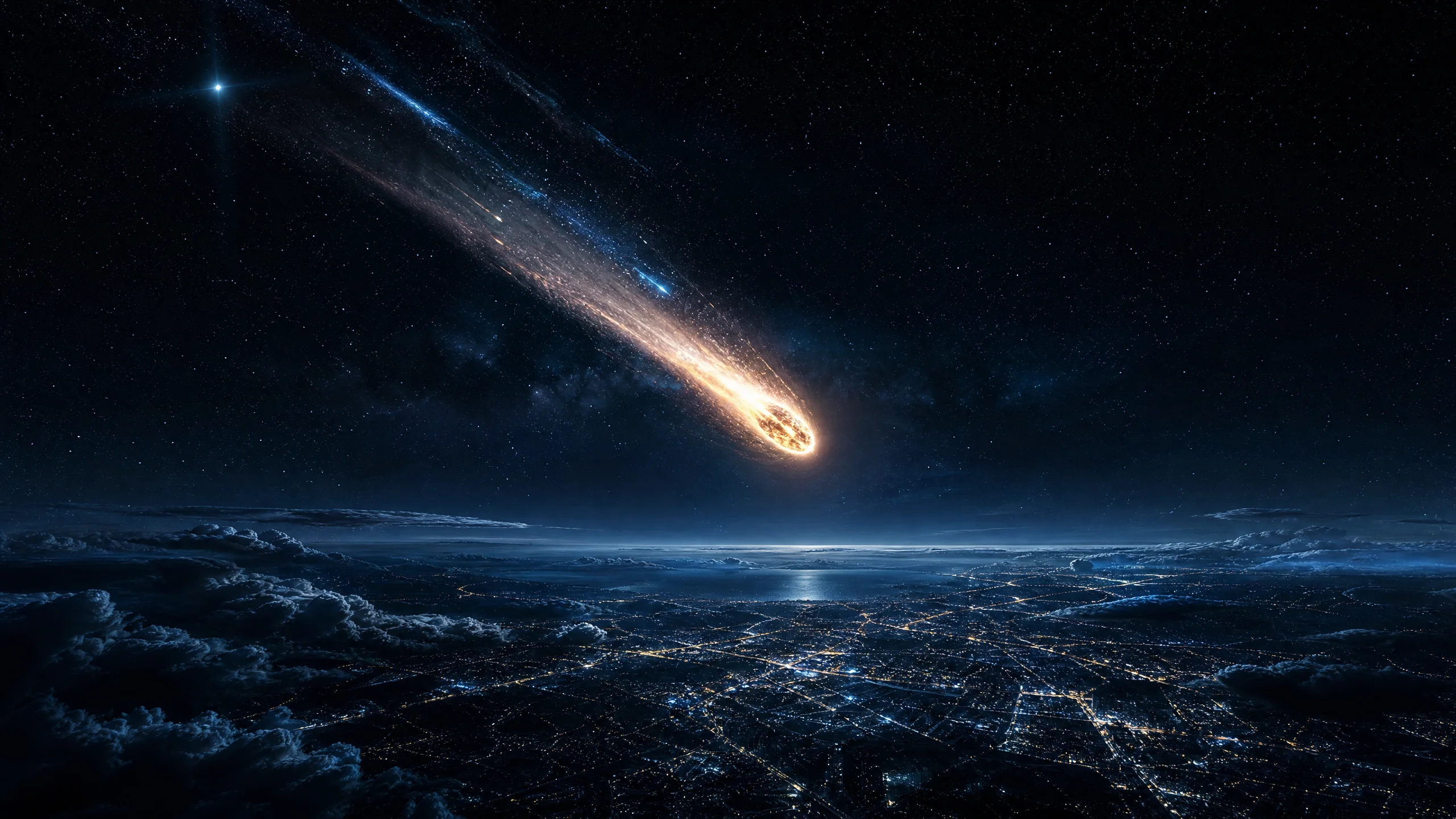 火流星划过夜空坠落地面的壮观景象