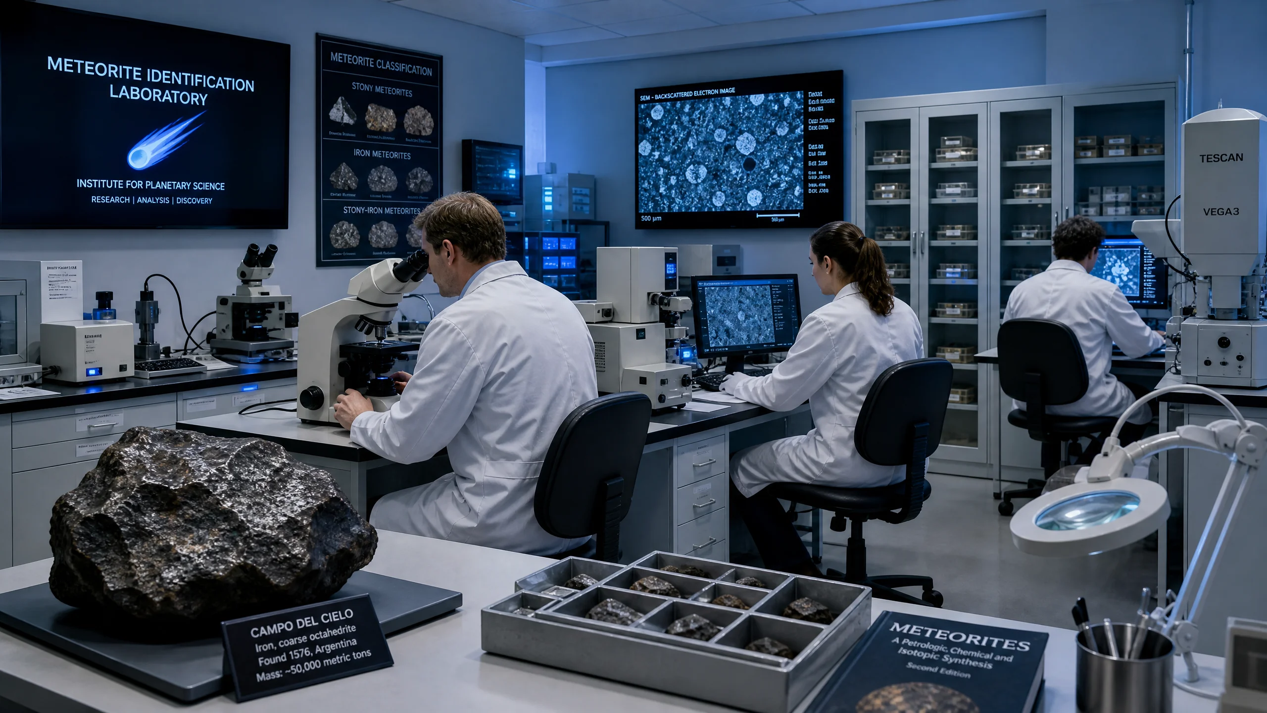 专业陨石鉴定实验室，科学家正在使用显微镜和分析仪器检测陨石样品